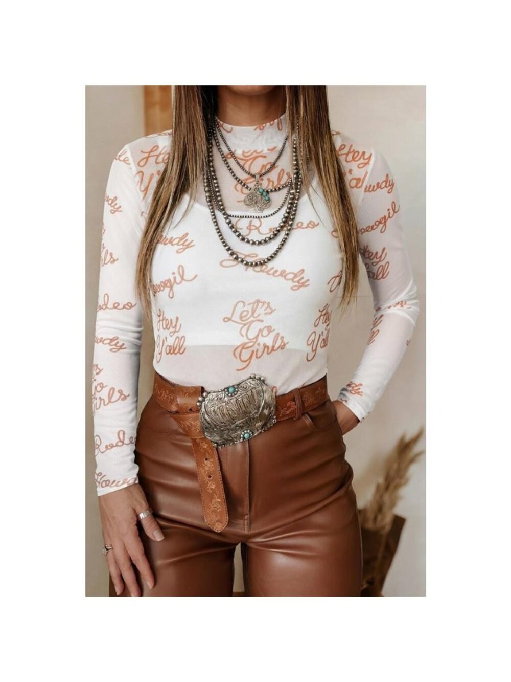 Howdy Hey Yall Mesh High Neck Long Sleeve Top